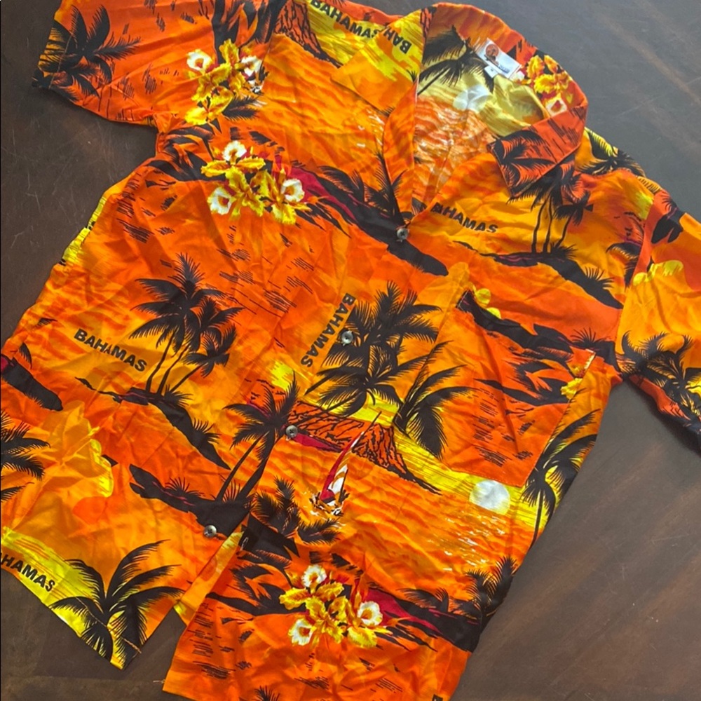 Orange Tropical Print Short-Sleeve Button-Down Shirt